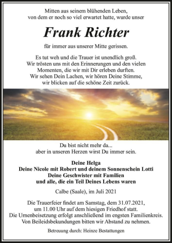 Traueranzeige von Frank Richter  von Magdeburger Volksstimme