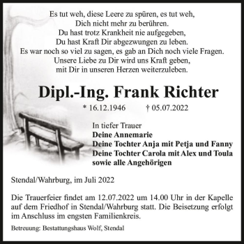 Traueranzeige von Frank Richter  von Magdeburger Volksstimme