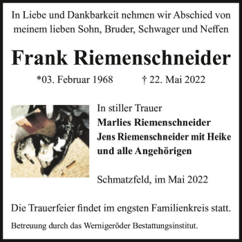 Traueranzeige von Frank Riemenschneider  von Magdeburger Volksstimme