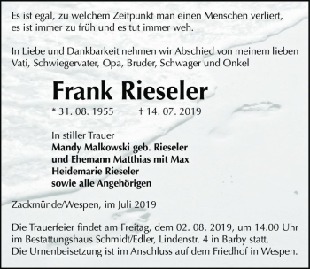Traueranzeige von Frank Rieseler  von Magdeburger Volksstimme