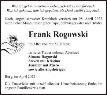 Traueranzeige von Frank Rogowski  von Magdeburger Volksstimme
