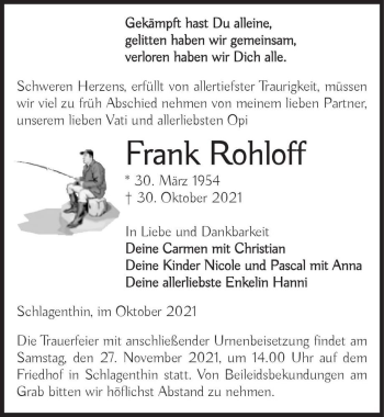 Traueranzeige von Frank Rohloff  von Magdeburger Volksstimme