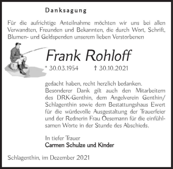 Traueranzeige von Frank Rohloff  von Magdeburger Volksstimme