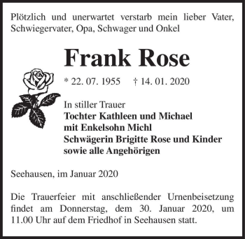 Traueranzeige von Frank Rose  von Magdeburger Volksstimme