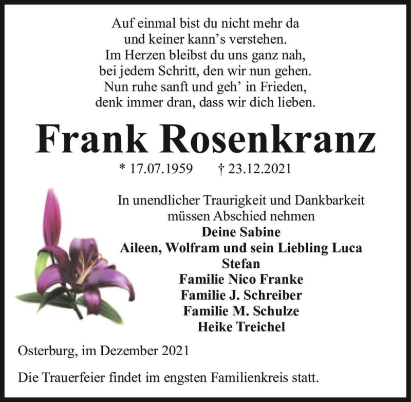  Traueranzeige für Frank Rosenkranz  vom 31.12.2021 aus Magdeburger Volksstimme