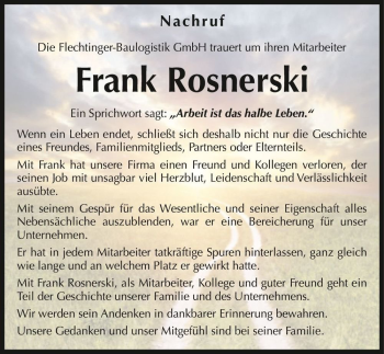 Traueranzeige von Frank Rosnerski  von Magdeburger Volksstimme