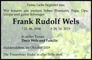 Traueranzeige von Frank Rudolf Wels  von Magdeburger Volksstimme