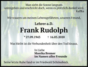Traueranzeige von Frank Rudolph  von Magdeburger Volksstimme