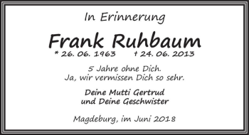Traueranzeige von Frank Ruhbaum  von Magdeburger Volksstimme