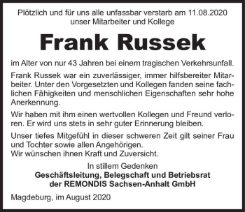 Traueranzeige von Frank Russek  von Magdeburger Volksstimme