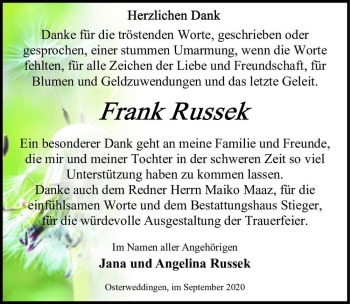 Traueranzeige von Frank Russek  von Magdeburger Volksstimme
