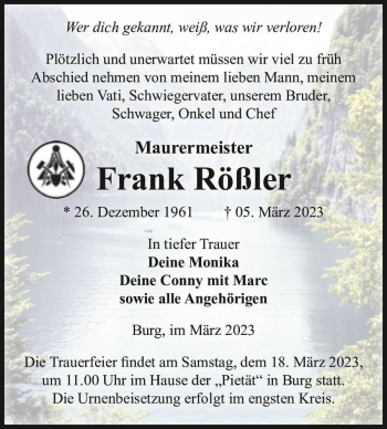 Traueranzeige von Frank Rößler  von Magdeburger Volksstimme
