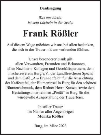 Traueranzeige von Frank Rößler  von Magdeburger Volksstimme