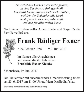 Traueranzeige von Frank Rüdiger Exner  von Magdeburger Volksstimme