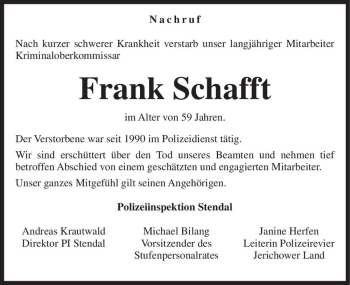 Traueranzeige von Frank Schafft  von Magdeburger Volksstimme