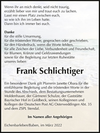 Traueranzeige von Frank Schlichtiger  von Magdeburger Volksstimme