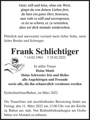Traueranzeige von Frank Schlichtiger  von Magdeburger Volksstimme