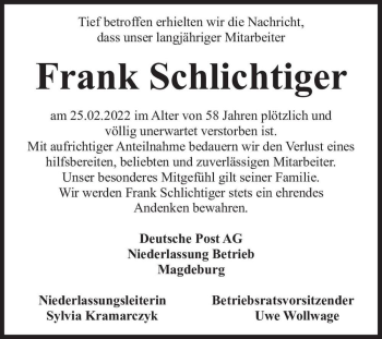 Traueranzeige von Frank Schlichtiger  von Magdeburger Volksstimme