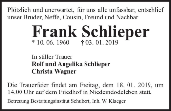 Traueranzeige von Frank Schlieper  von Magdeburger Volksstimme