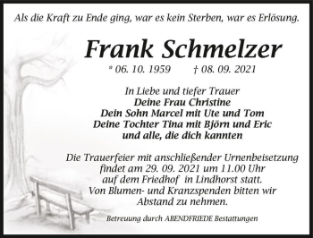 Traueranzeige von Frank Schmelzer  von Magdeburger Volksstimme