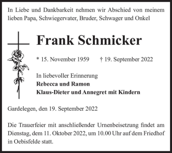 Traueranzeige von Frank Schmicker  von Magdeburger Volksstimme