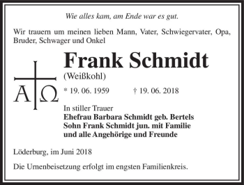Traueranzeige von Frank Schmidt (Weißkohl)  von Magdeburger Volksstimme