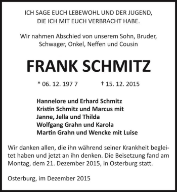 Traueranzeige von Frank Schmitz  von Magdeburger Volksstimme