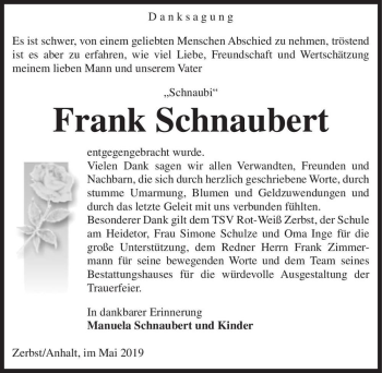 Traueranzeige von Frank Schnaubert ,,Schnaubi