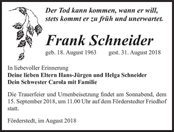 Traueranzeige von Frank Schneider  von Magdeburger Volksstimme