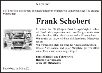 Traueranzeige von Frank Schobert  von Magdeburger Volksstimme