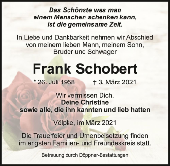 Traueranzeige von Frank Schobert  von Magdeburger Volksstimme
