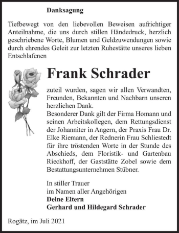 Traueranzeige von Frank Schrader  von Magdeburger Volksstimme