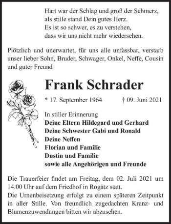 Traueranzeige von Frank Schrader  von Magdeburger Volksstimme