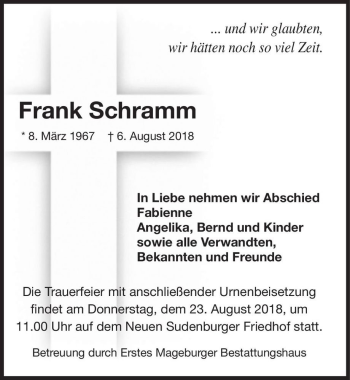 Traueranzeige von Frank Schramm  von Magdeburger Volksstimme