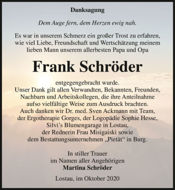 Traueranzeige von Frank Schröder  von Magdeburger Volksstimme