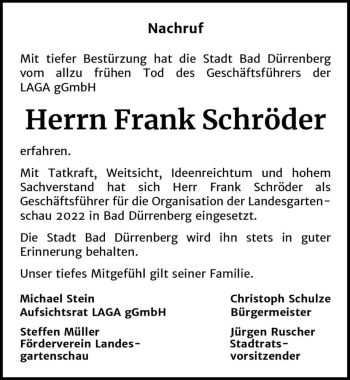 Traueranzeige von Frank Schröder  von Magdeburger Volksstimme