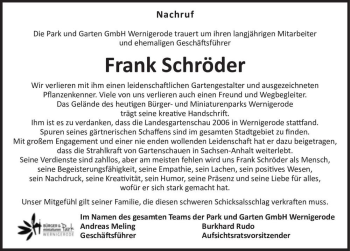 Traueranzeige von Frank Schröder  von Magdeburger Volksstimme
