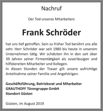 Traueranzeige von Frank Schröder  von Magdeburger Volksstimme