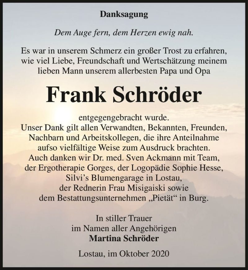  Traueranzeige für Frank Schröder  vom 24.10.2020 aus Magdeburger Volksstimme