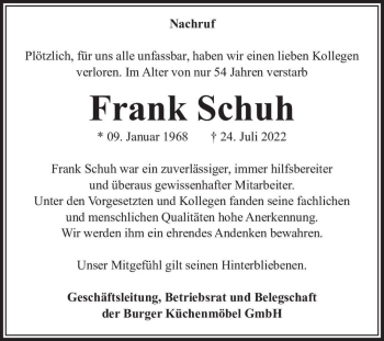 Traueranzeige von Frank Schuh  von Magdeburger Volksstimme