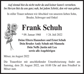 Traueranzeige von Frank Schuh  von Magdeburger Volksstimme