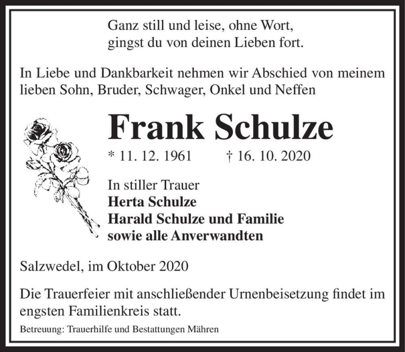  Traueranzeige für Frank Schulze  vom 24.10.2020 aus Magdeburger Volksstimme