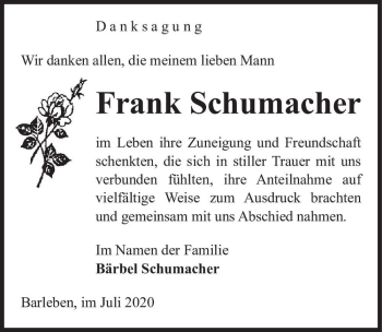 Traueranzeige von Frank Schumacher  von Magdeburger Volksstimme
