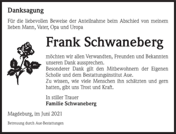 Traueranzeige von Frank Schwaneberg  von Magdeburger Volksstimme