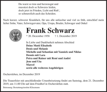 Traueranzeige von Frank Schwarz  von Magdeburger Volksstimme