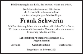 Traueranzeige von Frank Schwerin  von Magdeburger Volksstimme