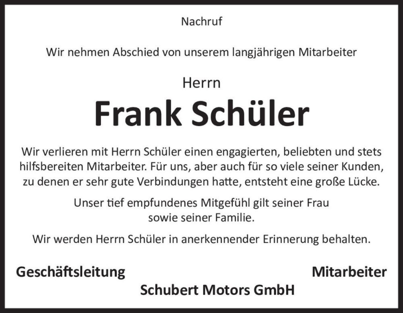  Traueranzeige für Frank Schüler  vom 04.06.2022 aus Magdeburger Volksstimme