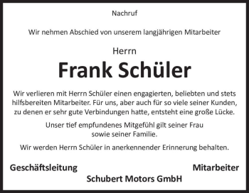 Traueranzeige von Frank Schüler  von Magdeburger Volksstimme