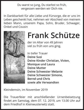 Traueranzeige von Frank Schütze  von Magdeburger Volksstimme