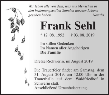 Traueranzeige von Frank Sehl  von Magdeburger Volksstimme